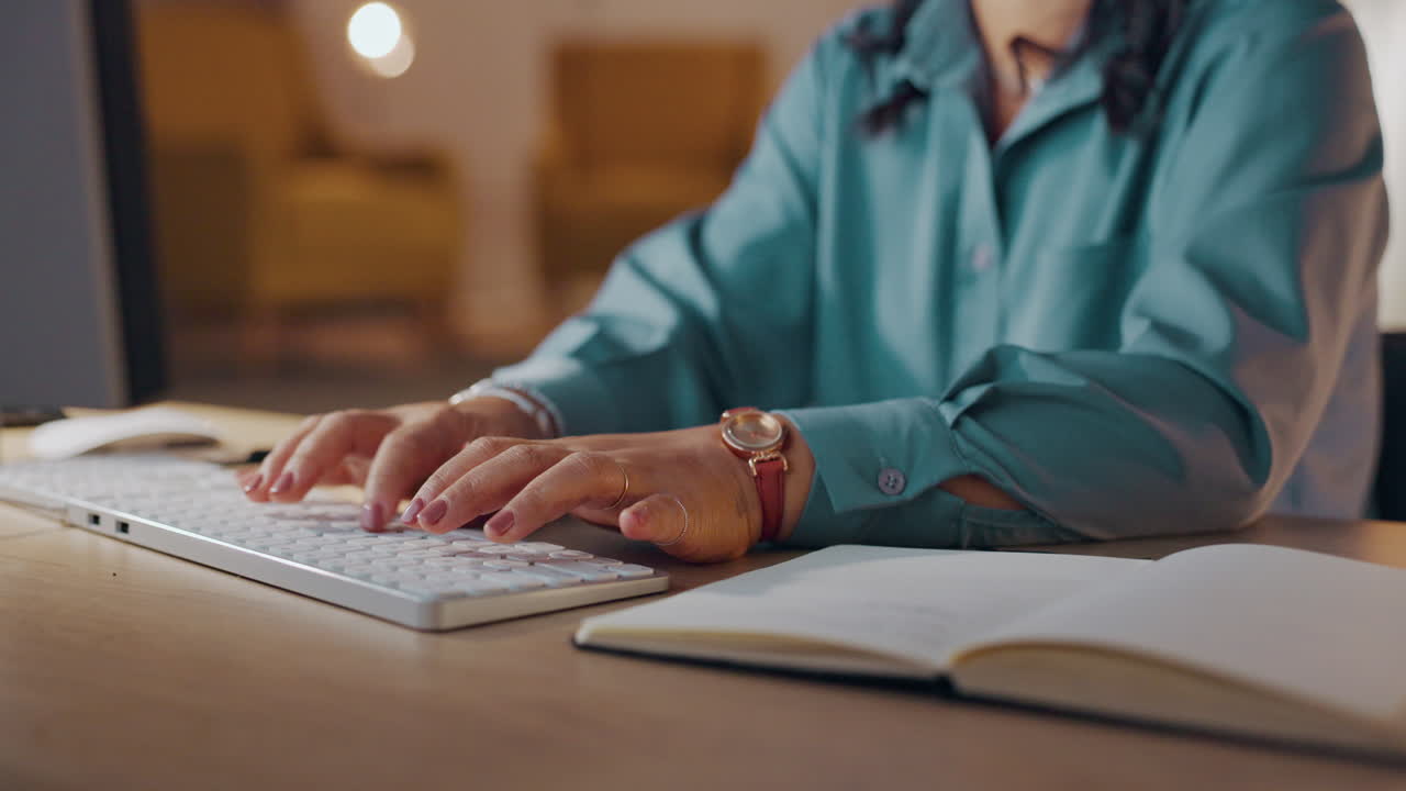 Hands, woman and keyboard computer at night