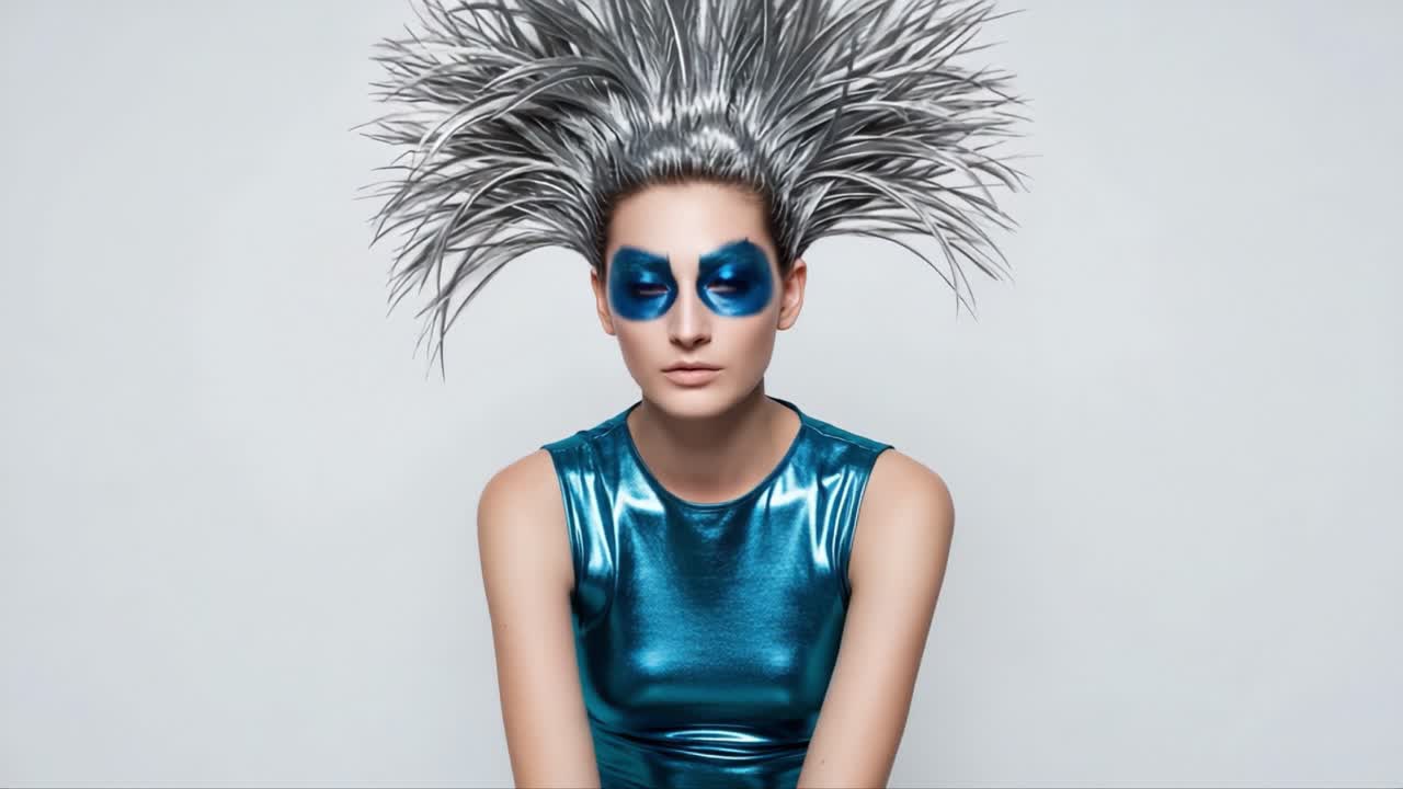 A striking model with dramatic spiky silver hair and bold blue face paint, exuding confidence in a metallic, shimmering outfit against a minimalist backdrop, capturing a unique artistic expression