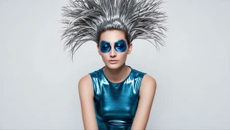 a striking model with dramatic spiky silver hair and bold blue face paint, exuding confidence in a metallic, shimmering outfit against a minimalist backdrop, capturing a unique artistic expression
