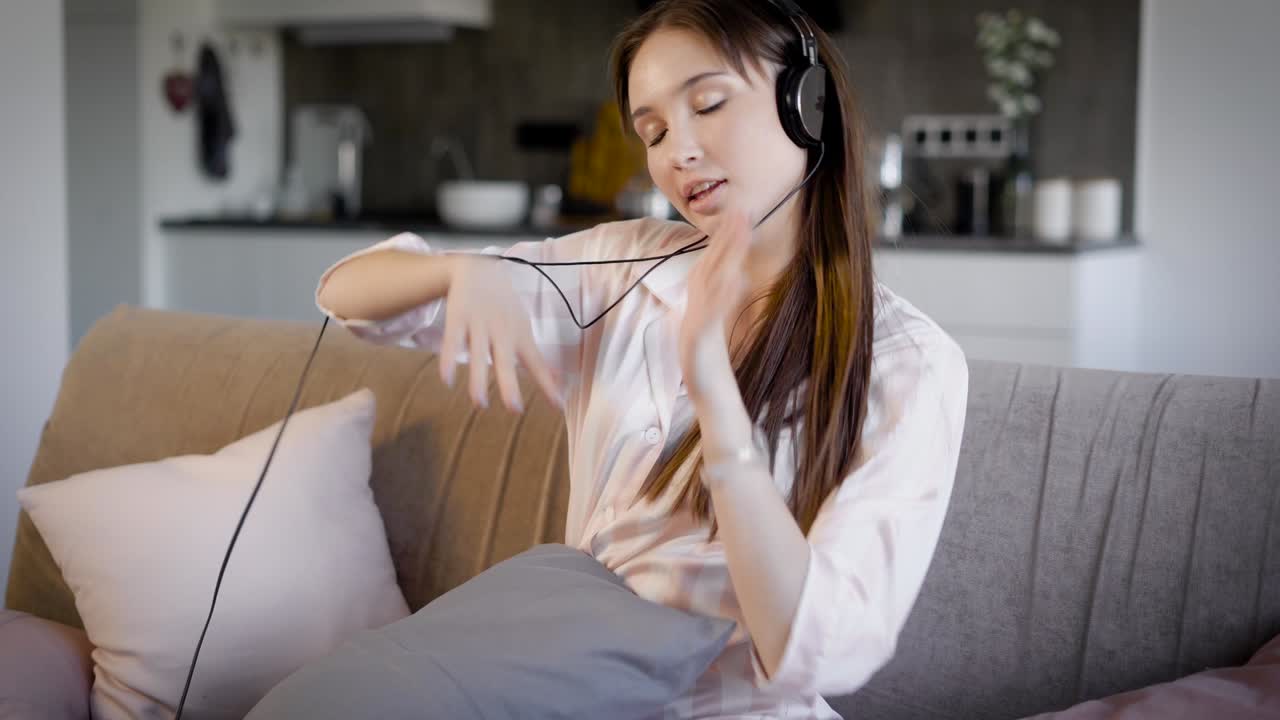 소파에 거실에 앉아 헤드폰으로 음악을 듣는 젊은 여성, 그녀는 노래하고 재미있다
