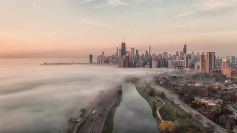 chicago aerial view with fog moving