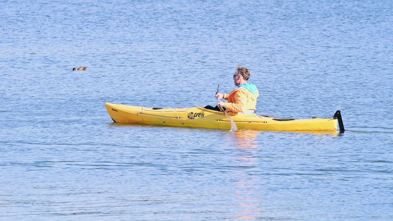 Chisinau, Moldova - October 13, 2022: Man kayaking on a lake in a park