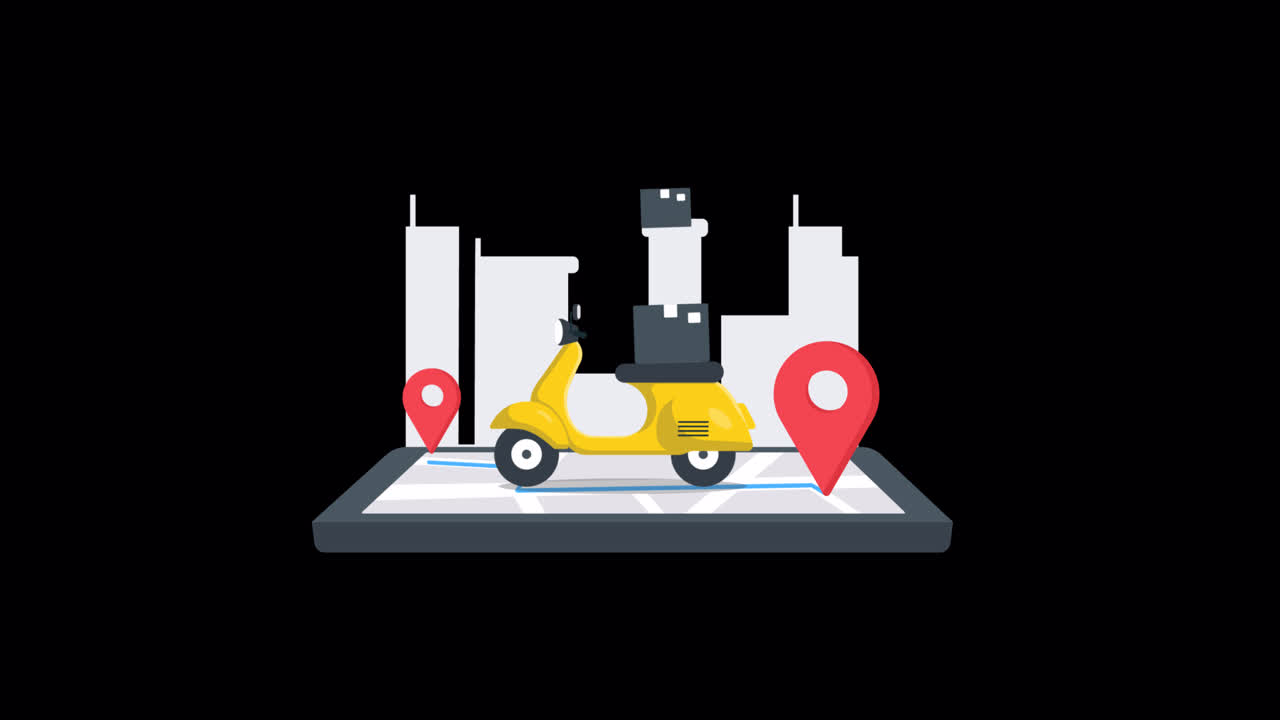 Scooter animato che consegna pacchi su una mappa digitale.
