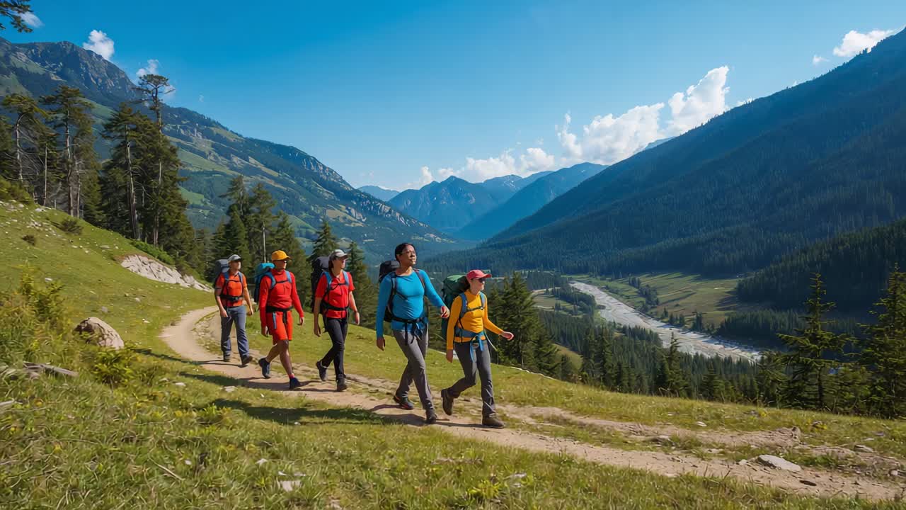 Inquadratura che segue cinque escursionisti con maglie gialle e blu che percorrono un sentiero alpino verso destra per divertimento, con zaini in spalla