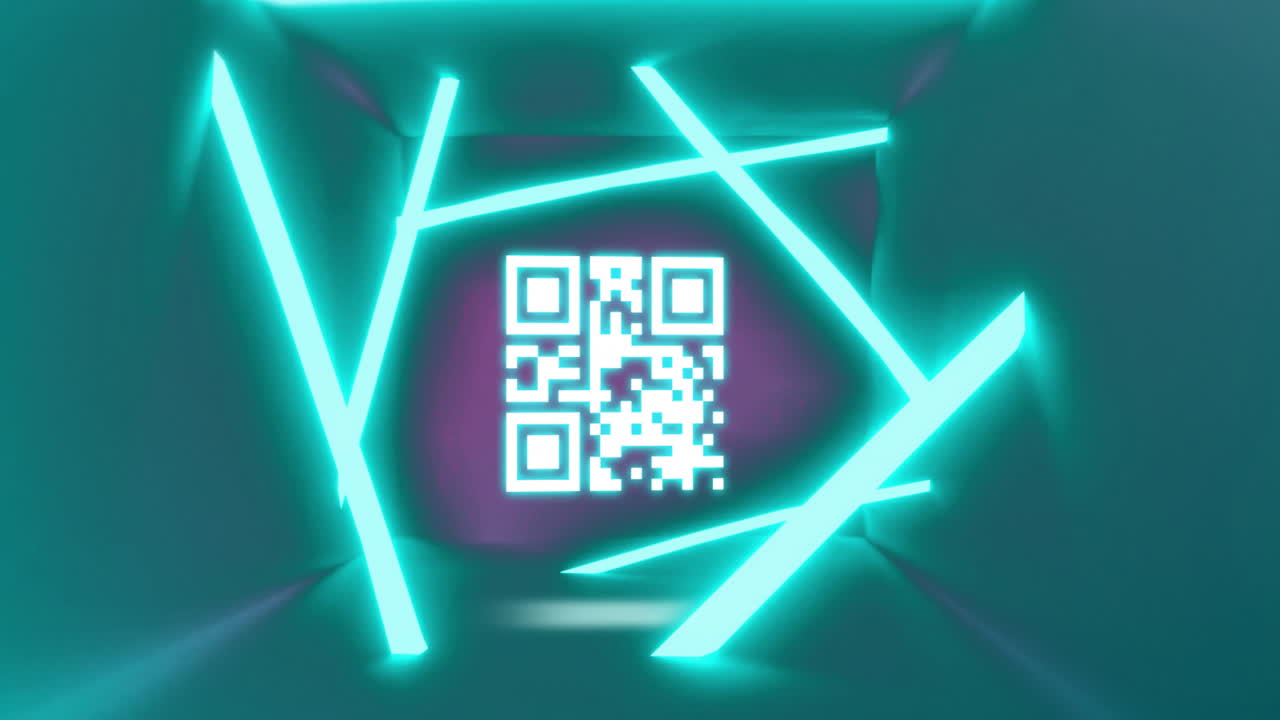 animación del código qr y procesamiento de datos sobre un fondo de luz de neón