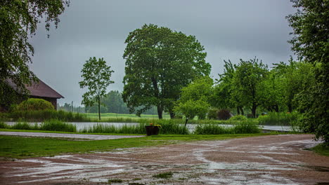 static shot of a pristine lake in front of a wooden cottage with dark clouds passing by in timelapse on a rainy day