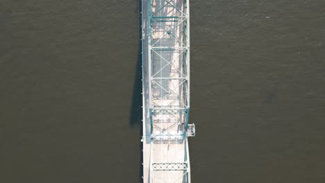 Aerial bird&#039;s eye close-up shot flying over the pedestrian Stillwater Lift Bridge on the St. Croix River in Minnesota. 4K
