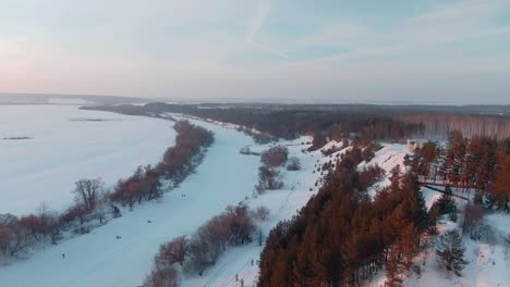 winter aerial view of a river and forest