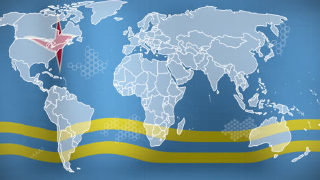 Animation-of-world-map-and-data-processing-against-waving-aruba-flag-background