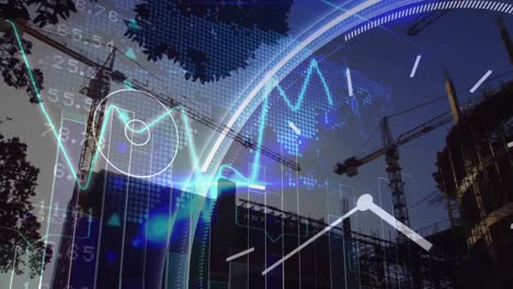 animation of clock and financial data processing over construction site