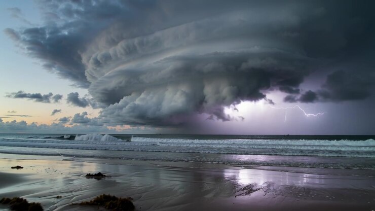 Flashing lightning starting inside layered storm cloud over dusk beach, illuminating wet sand pools
