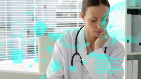 Animation-of-medical-data-processing-over-caucasian-female-doctor-using-laptop-smiling-at-hospital