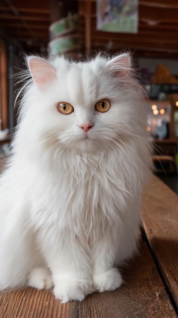 En majestätisk långhårig vit katt med slående gyllene ögon som sitter graciöst på ett träbord i en mysig inomhusmiljö.