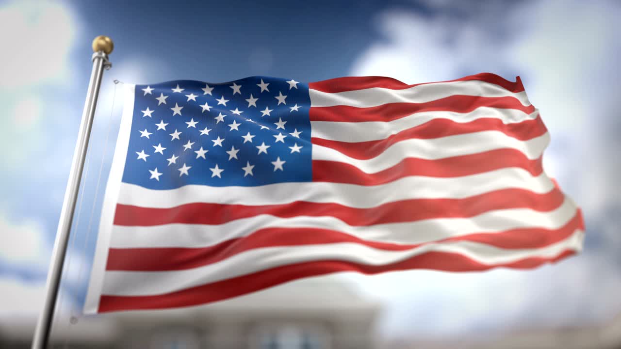 Bandiera degli Stati Uniti d'America che sventola al rallentatore, rendering 3D su sfondo cielo blu - Loop continuo 4K.