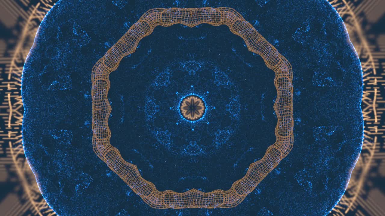 파란색 배경의 4k 영상으로 원과 입자가 터널을 형성합니다.