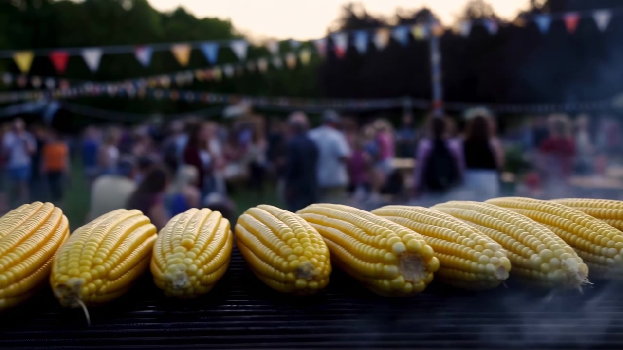 Close-up grill-level scene shows several whole corn cobs on metal grates, kernels glossy with light charring while smoke rises, set beside festival crowd, warm dusk light, and rustic open-air market