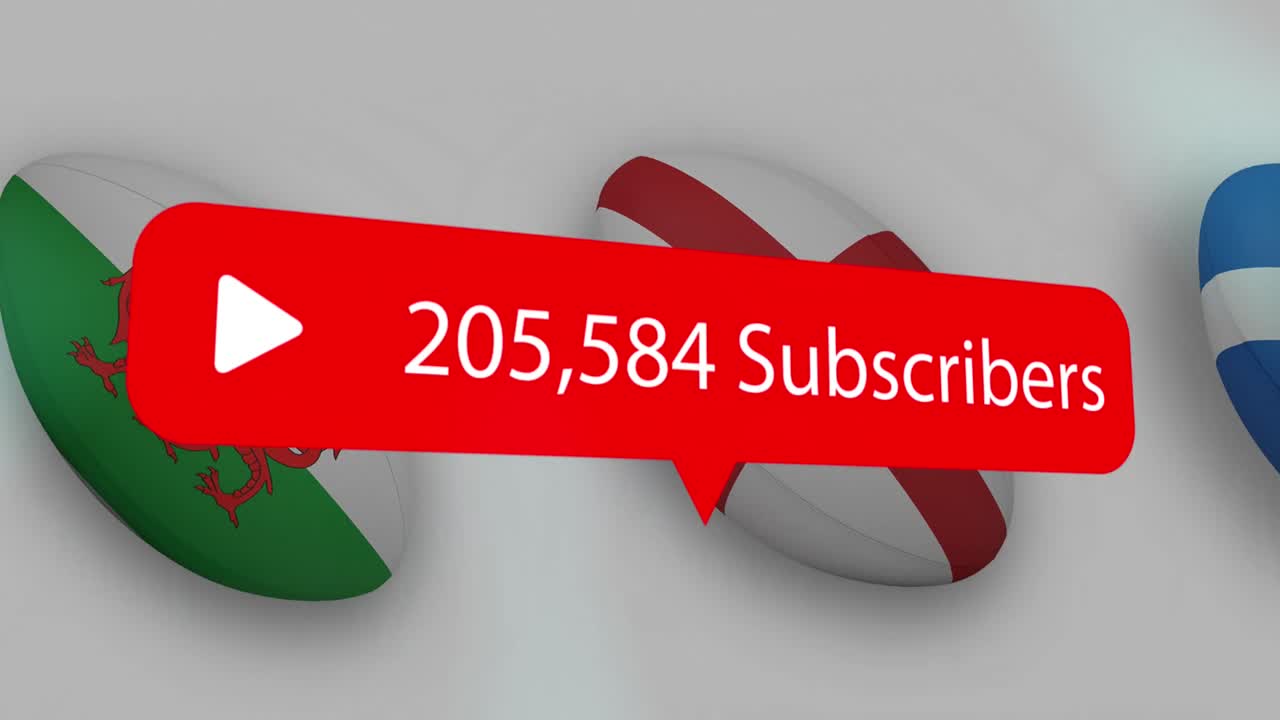 cada vez más suscriptores en una burbuja de discurso sobre múltiples pelotas de rugby contra un fondo blanco