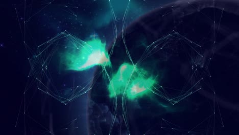 animación de la red de conexiones a través de la onda digital verde contra el globo giratorio