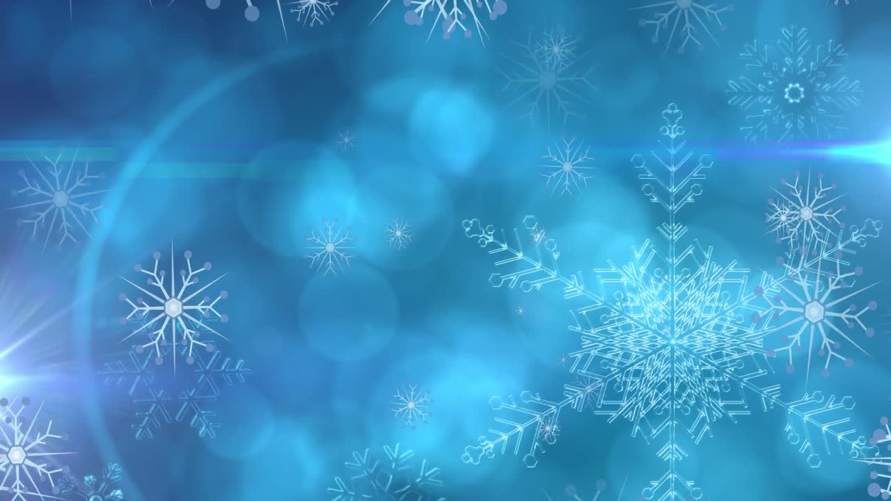 Animazione di fiocchi di neve natalizi che cadono su sfondo bokeh blu.