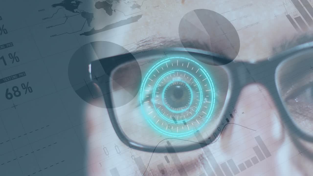 animación del procesamiento de datos financieros y escaneo de alcance sobre el hombre caucásico