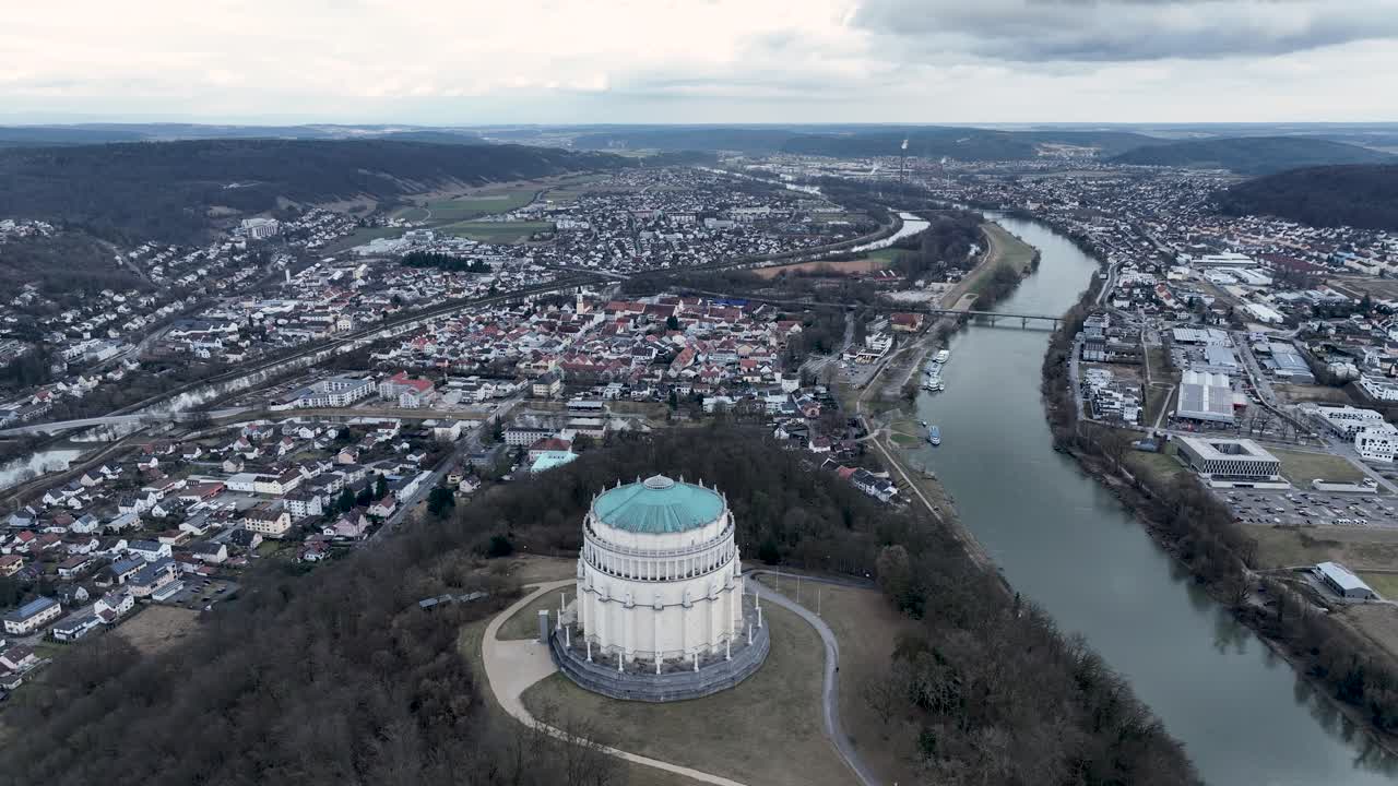Captivating aerial footage of the Befreiungshalle, a powerful historic monument in Germany, commemorating liberation and victory