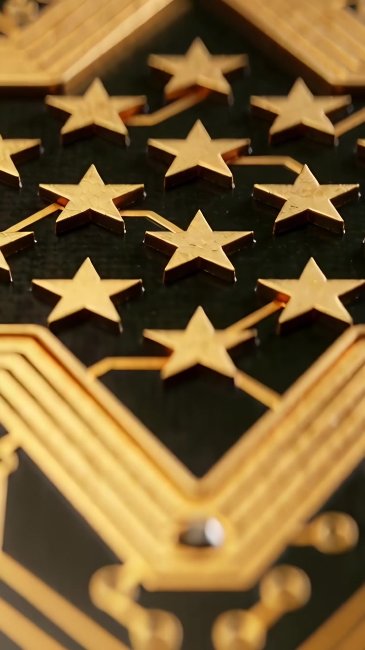Vertical video: Panning camera revealing gold stars on dark bench, inspecting rivet and traces