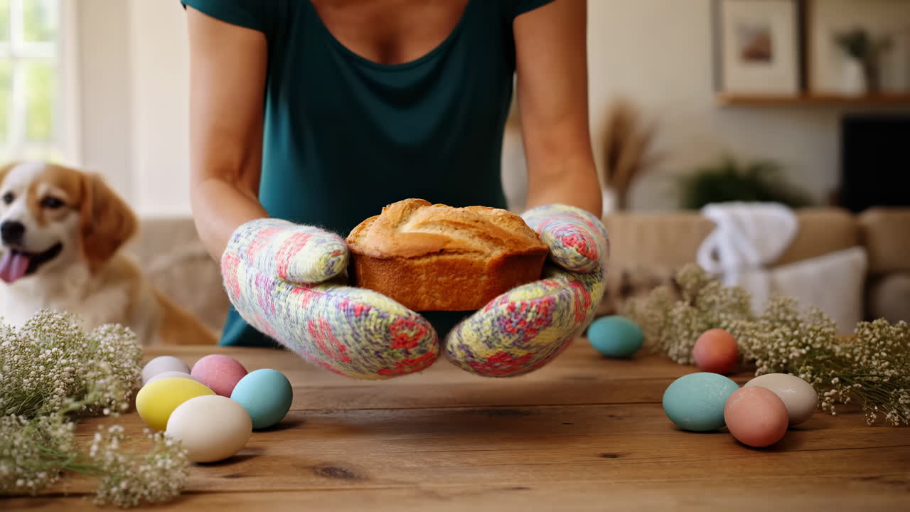 Donna che tiene in mano pane fatto in casa caldo con decorazioni pasquali