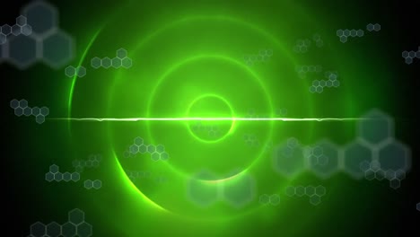 animation of hexagons over glowing circles in green space