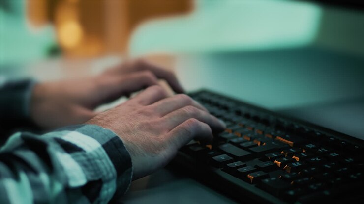 Nahaufnahme der Hände eines Entwicklers, der mit einer Computertastatur arbeitet und Code für ein Projekt schreibt.