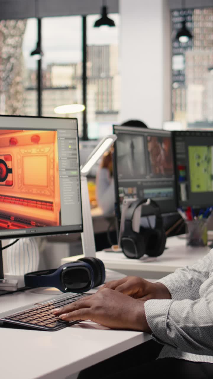 Vertical Video Black Worker Creating Fantasy Video Game With Ai Neural Networks Systems