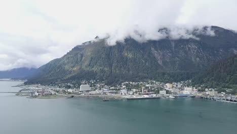 Juneau-Alaska,-Slow-Aerial-Orbit-above-Gastineau-Channel,-Looking-into-Downtown-and-the-Water-Front