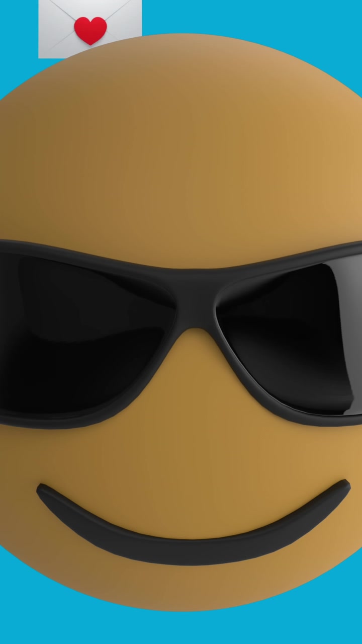 Animazione di icona emoji con occhiali da sole e icone email a forma di cuore su sfondo blu