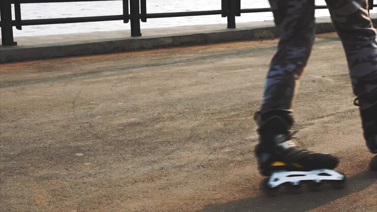 Persona che pattina sui rollerblade su un ponte sopra un fiume