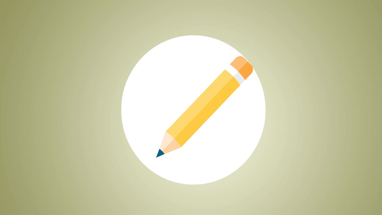 animación digital del icono de lápiz sobre un estandarte circular blanco contra un fondo amarillo