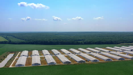 establishing shot, aerial of family farm with grain bins, chicken house, barn and fields in summer hazy foggy light morning. farming concept