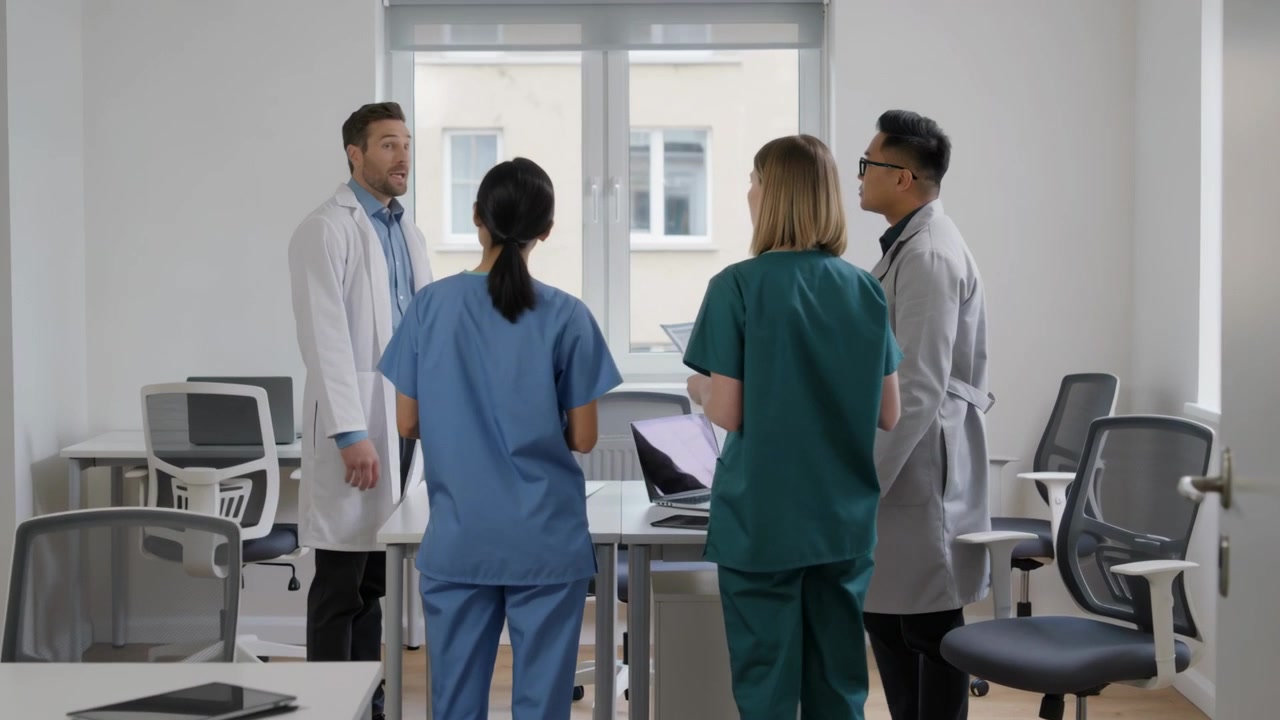 Enfermeira cirúrgica entregando prontuário e médico entrando pela esquerda, reunidos na janela da clínica com laptop para atendimento.