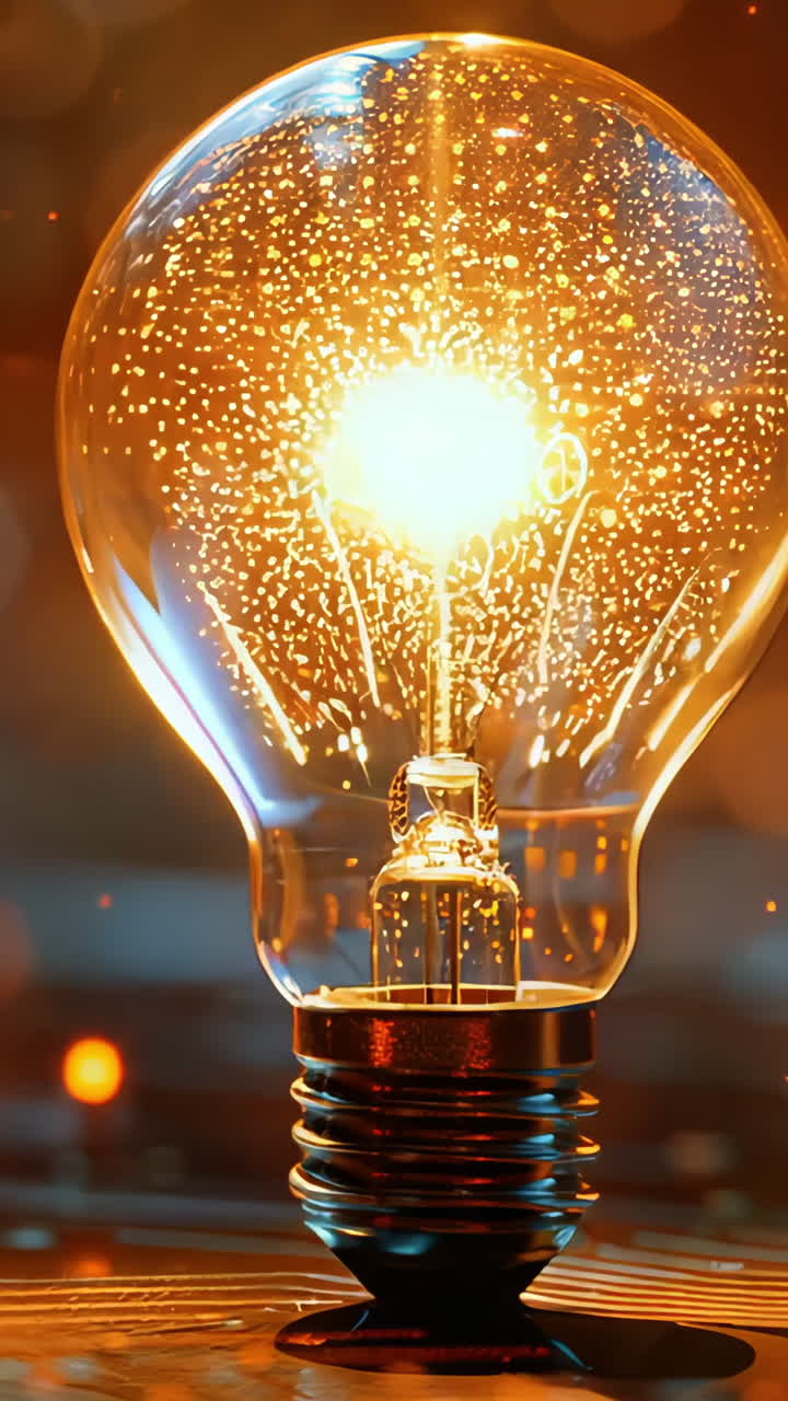 A light bulb is lit up in a dark room with a blurry background. The light bulb is surrounded by a bunch of other light bulbs, creating a sense of warmth and coziness