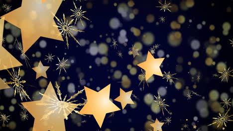animación de estrellas de navidad y nieve cayendo sobre un fondo azul
