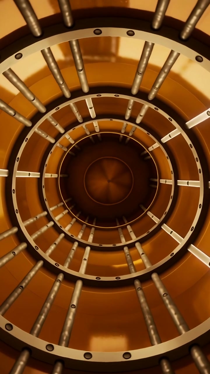 Video verticale: Telecamera che si sposta spingendo la visuale verso l'alto all'interno di un pozzo, rivelando anelli metallici, aste e un tappo.