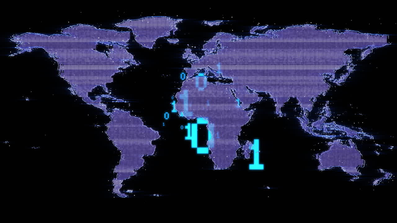 Digital pixel world map floating in cyber interface, showing glowing binary digits and glitch lines