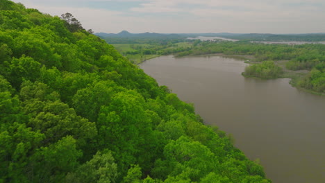 Fly-Over-Evergreen-Trees-Of-Two-Rivers-Park-In-Little-Rock,-Arkansas,-United-States