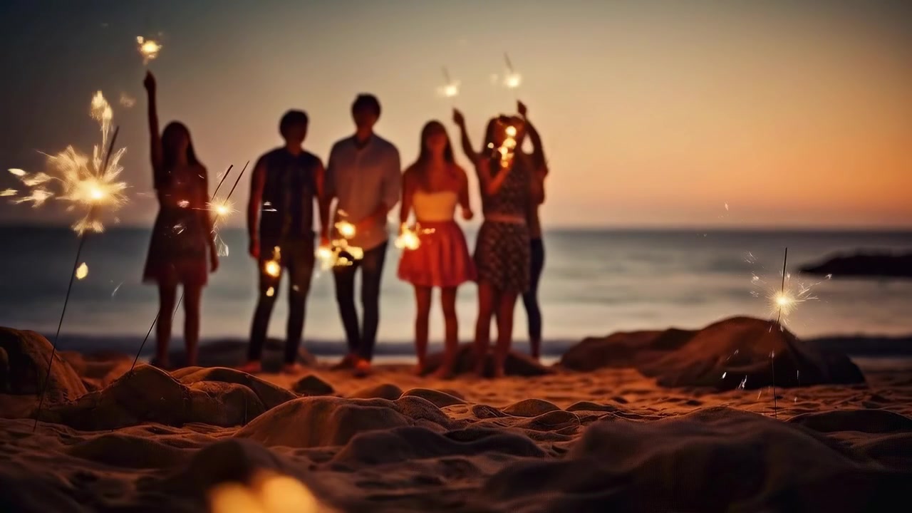 Gruppo di amici con stelle filanti sulla spiaggia al tramonto