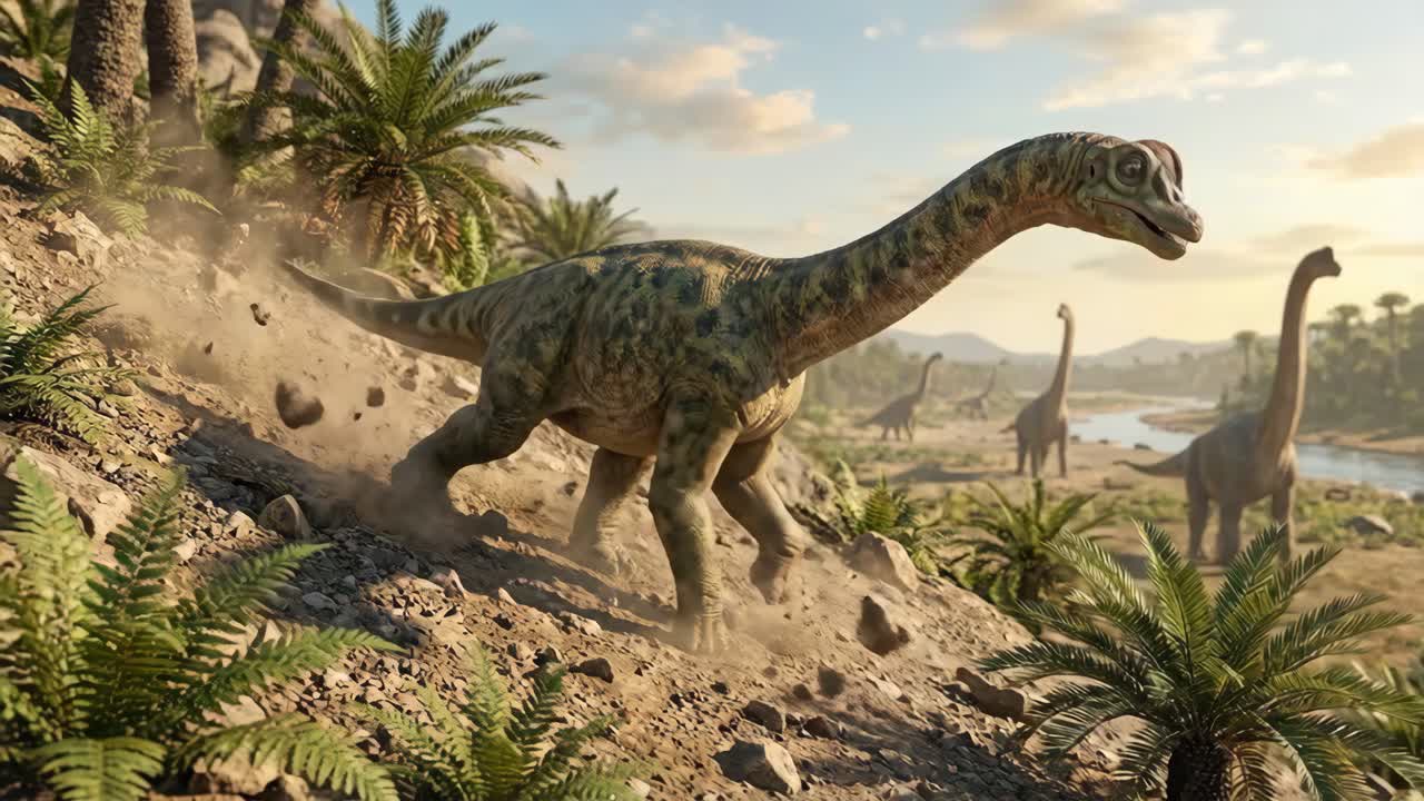 Dinosauri Sauropodomorfi in un lussureggiante paesaggio preistorico