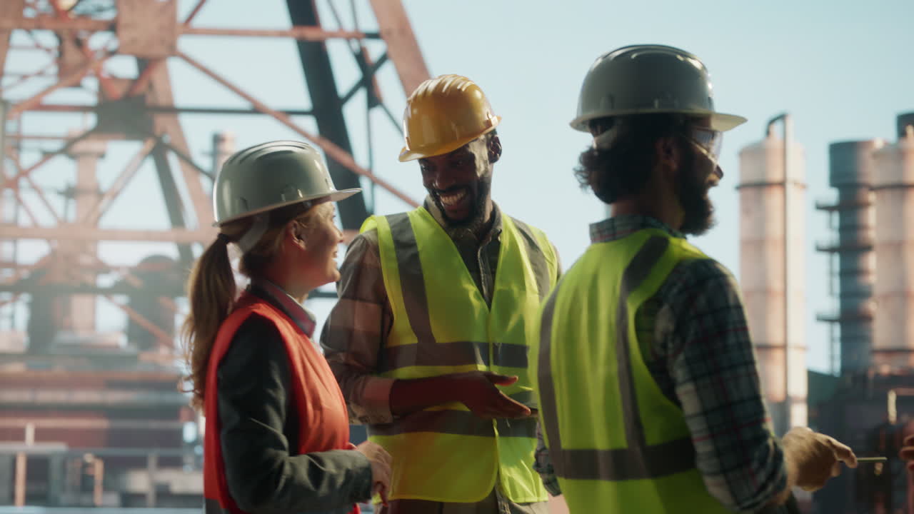 Team of engineers and construction workers collaborating at an industrial site