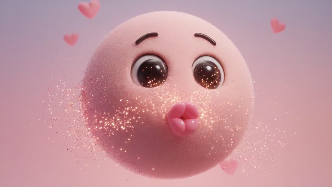 A charming animated character with a pink spherical face radiates warmth and affection, surrounded by floating hearts, capturing the essence of love and joy in a whimsical scene