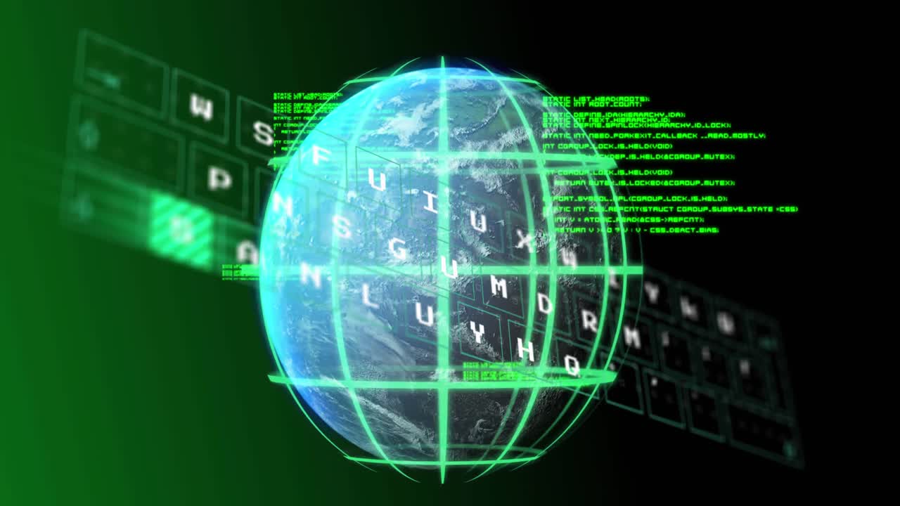 Animation of keyboard, data and globe on black background