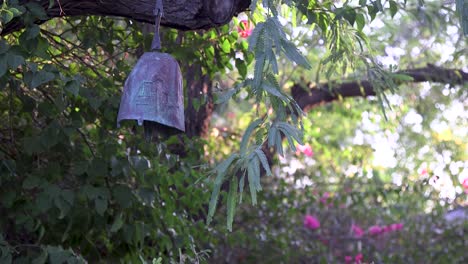 Toma-De-Establecimiento-De-Una-Campana-De-Jardín-De-Metal-Que-Cuelga-De-La-Rama-De-Un-árbol-De-Mezquite,-Scottsdale,-Arizona