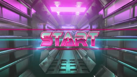animación del texto de inicio entre líneas sobre un túnel futurista en el fondo