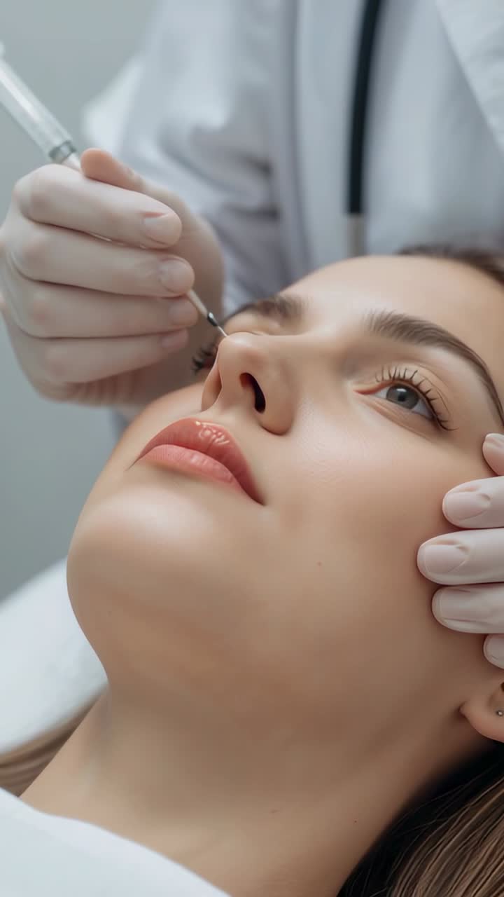 Video verticale: medico con guanti e camice bianco che sposta il dispositivo verso la narice, mentre cura naso e occhi in clinica