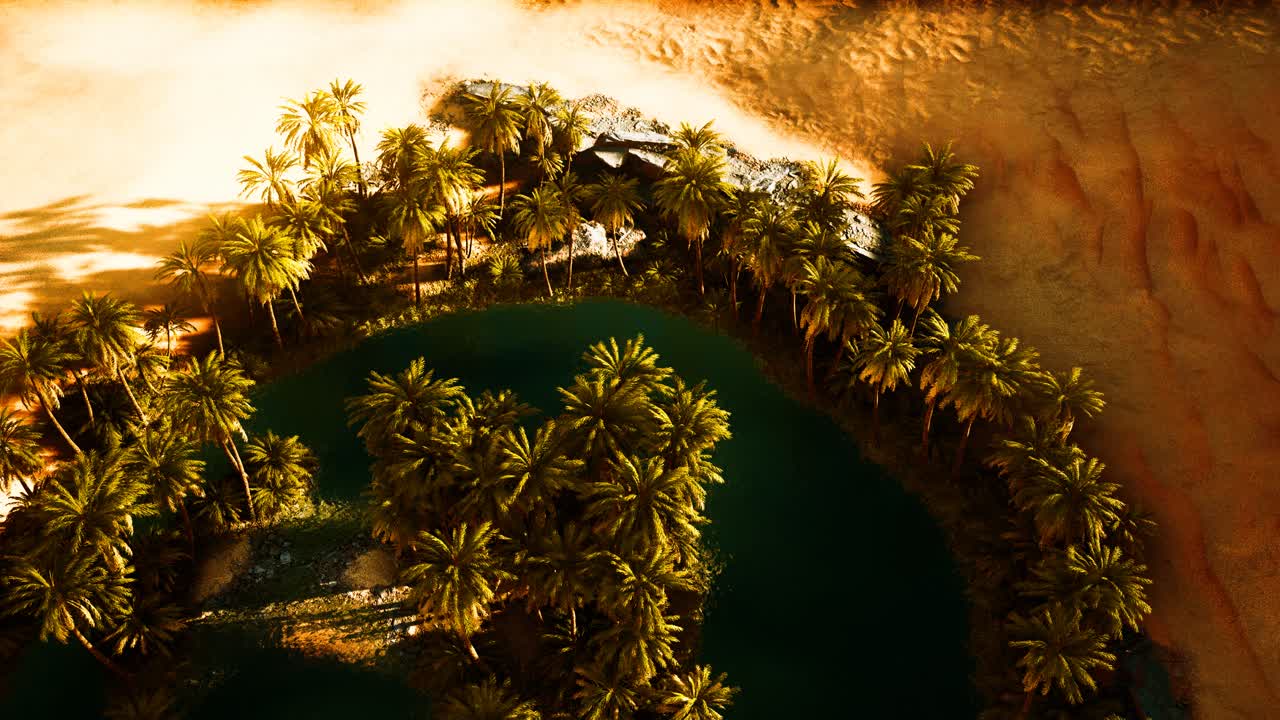 top down aerial view of oasis in desert